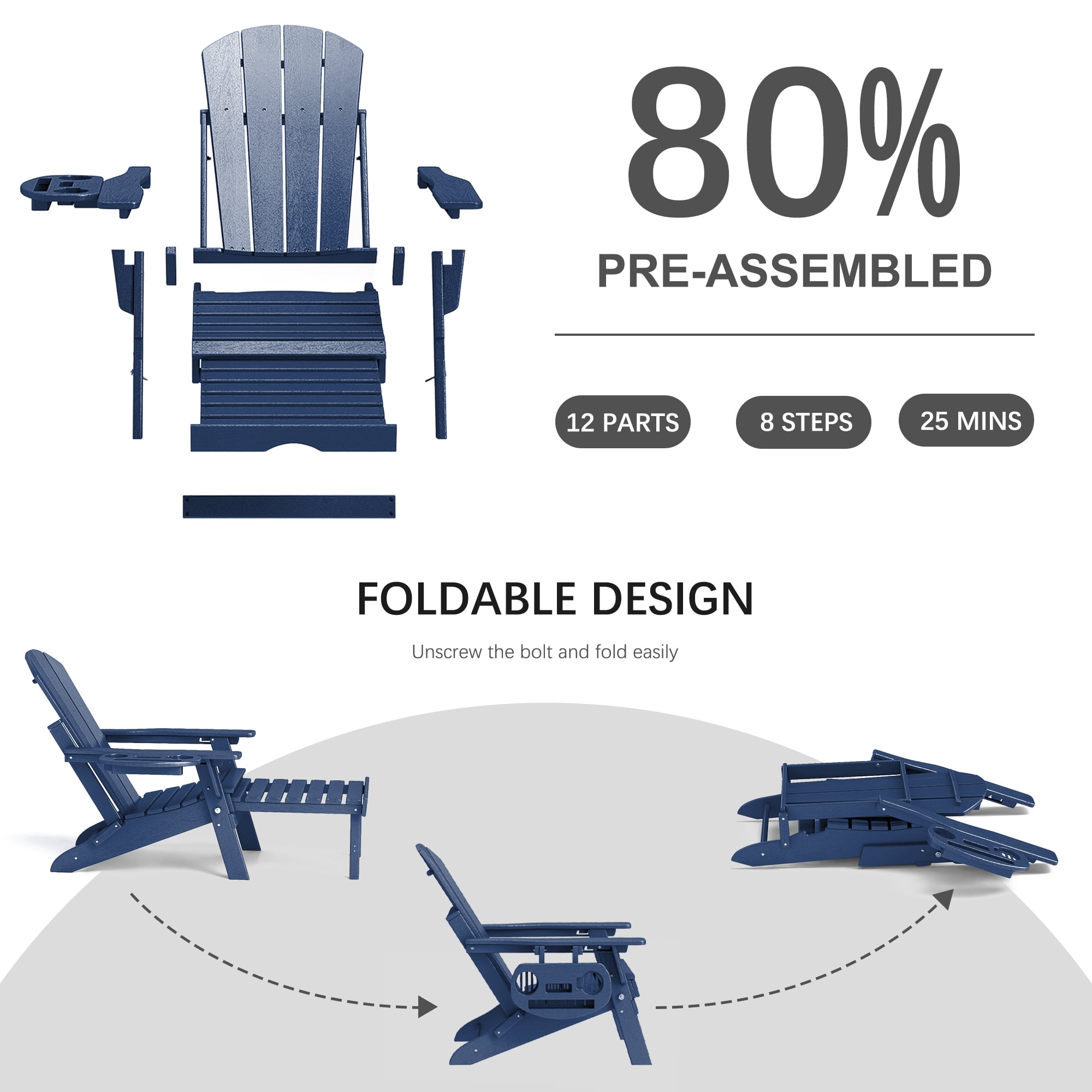 2PCS Folding Adirondack Chair with Retractable Ottoman, HDPE All-Weather Resistant Adjustable Backrest Adirondack Chair w/4 in 1 Cup Holder Trays, Navy Blue