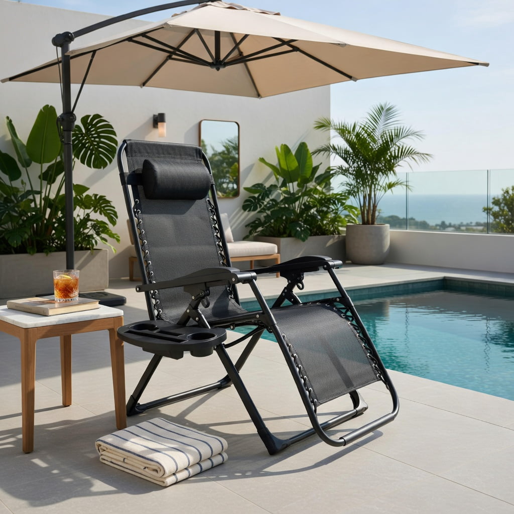 Hommoo Adjustable Zero Gravity Lounge Chair, Heavy-Duty Metal Frame, Removable Washable Cushion, Built-in Cup Holder Tray, Foldable for Indoor & Outdoor Use, Black