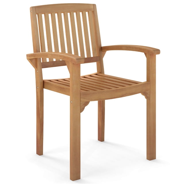 Costway 1 PCS Outdoor Patio Chair Teak Wood Armchair with Slatted Seat & Curved Seat