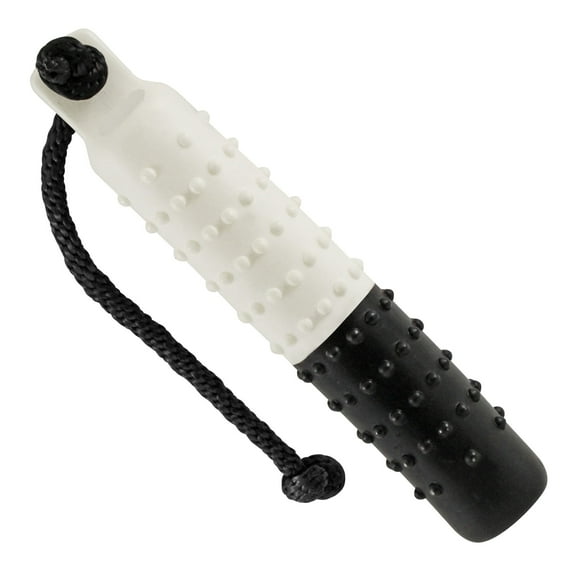 The HuntEmUp 2in Plastic Dog Training Bumper Dummy w/Valve Black White Flasher
