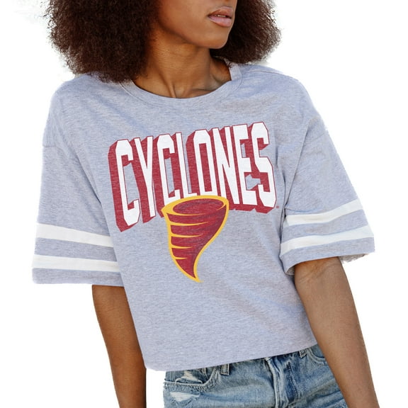 Women's Gameday Couture Gray Iowa State Cyclones No Shortcuts Drop Shoulder Sleeve Stripe Cropped T-Shirt
