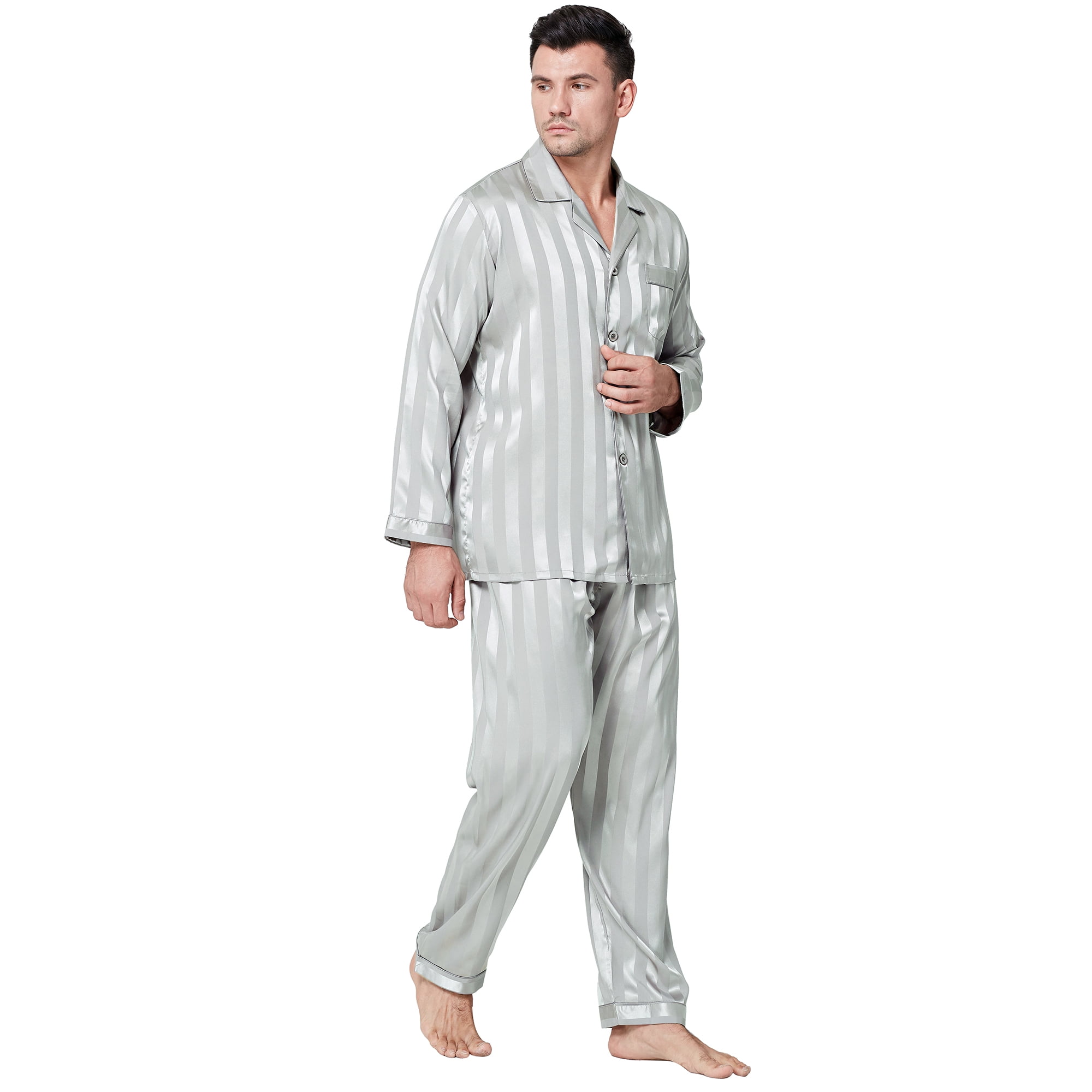 LONXU Men's Pajamas Long Sleeve Silk Satin Luxury Drawstring Nightwear