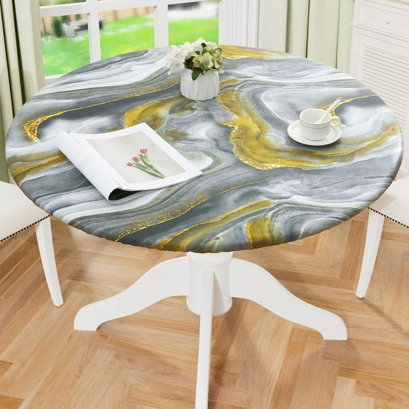 Round Fitted Tablecloth with Elastic Edge, 100% Waterproof Oil Proof Plastic Table Cover, Vinyl Flannel Backed Tablecloth Fits 36"-44" Round Tables for Dinner, Outdoor, Picnic, Black