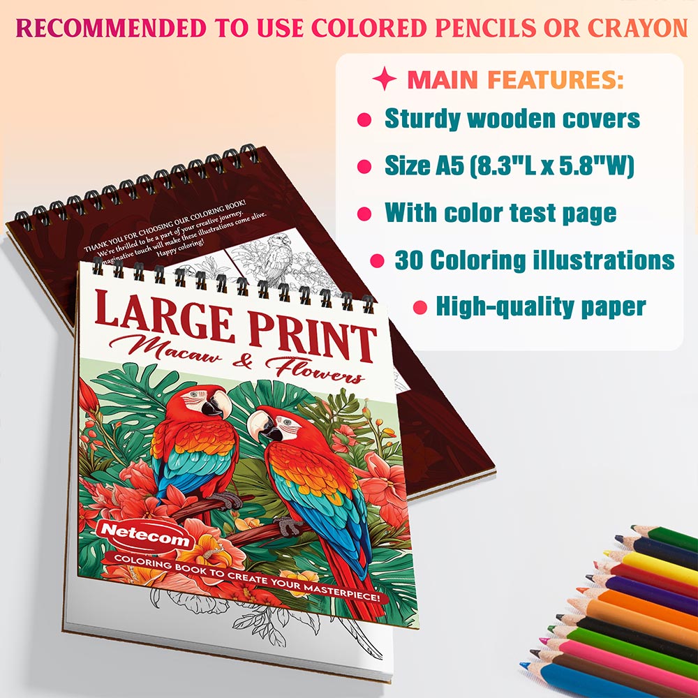 Netecom Large Print Macaw and Flowers Coloring Book Spiral Bound for Adults, A5 Wooden Cover, 30 Exquisite Parrot and Floral Coloring Pages for Stress Relief and Relaxation