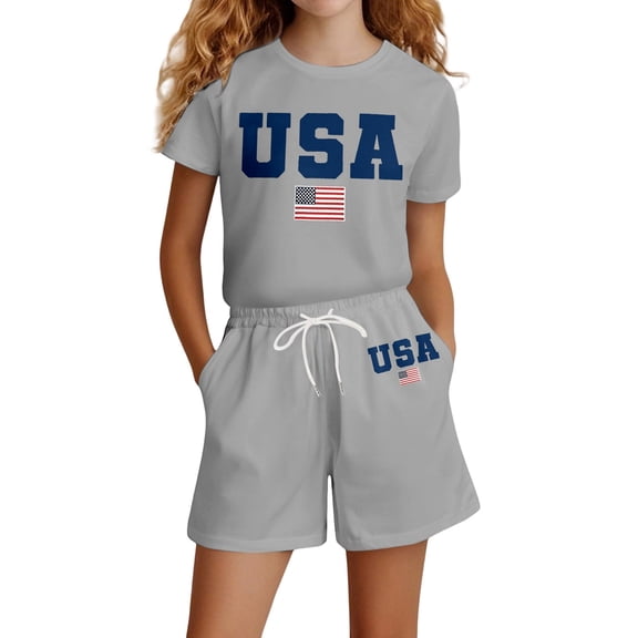 LIIPEE Girls Outfit Sets Casual US National Flag Patriotic Printed Short Sleeve Crew Neck Tops Elastic Waist Shorts 2 Piece Set Kids Holiday Celebration Comfortable Cute Clothing,Grey,9-10 Years