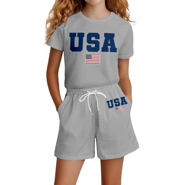 SGMVNU Girls Two Piece Summer Outfits Casual Short Sleeve Graphic Tee Matching Drawstring Shorts Set Tracksuits(Size 7-8 Years, Grey)