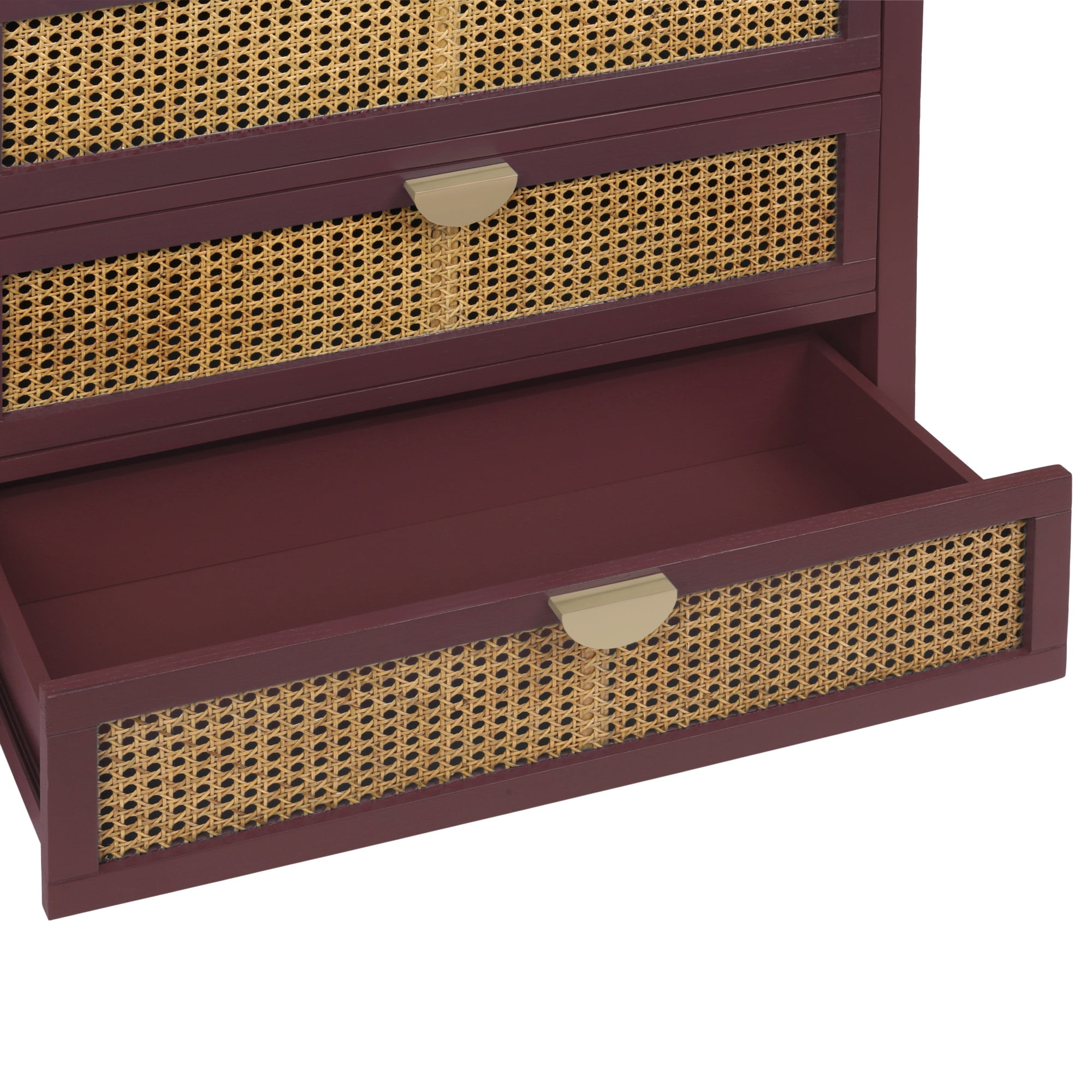 Resenkos Rustic Wood Dresser for Bedroom with 3 Rattan Drawers, Metal Handle Storage Nightstand, Red Finish Resenkos Rustic Wood Dresser for Bedroom with 3 Rattan Drawers, Metal Handle Storage Nightstand, Red Finish