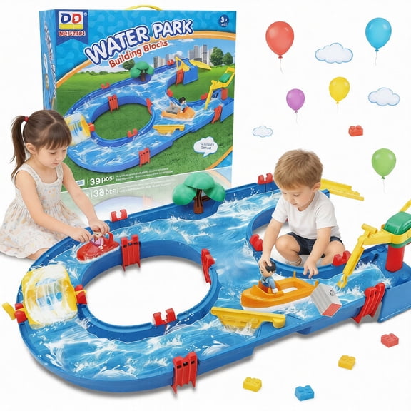 WIDELAND Water Play Table, 39PCS Building Set with Blue Tracks, Mini Characters & Sailboats, Create Flowing River for Kids Ages 3 , Summer Splash Toy