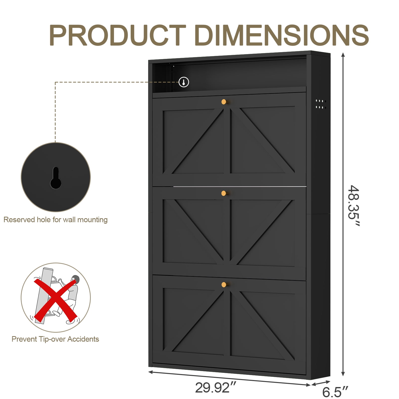 Aisword Modern Metal Shoe Cabinet with 3 Flip Drawers & Open Shelf,Narrow Slim Wall-Mounted Hidden Shoe Organizer Shoe Rack for Entryway,Black