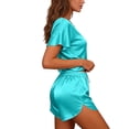 thumbnail image 5 of IROINNID Women's Satin 2 Piece Pajama Set,Ruffle Short Sleeve Round Neck Top,Adjustable Drawstring Side Slit Shorts,Breathable Cool Solid Sleepwear for Summer Casual Home Wear, 5 of 6