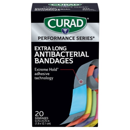 CURAD® Performance Series® Antibacterial Flexible Fabric Bandages, Extreme Hold Adhesive, Extra Long, Assorted Colors, 0.75 in x 4.75 in, 20 Count