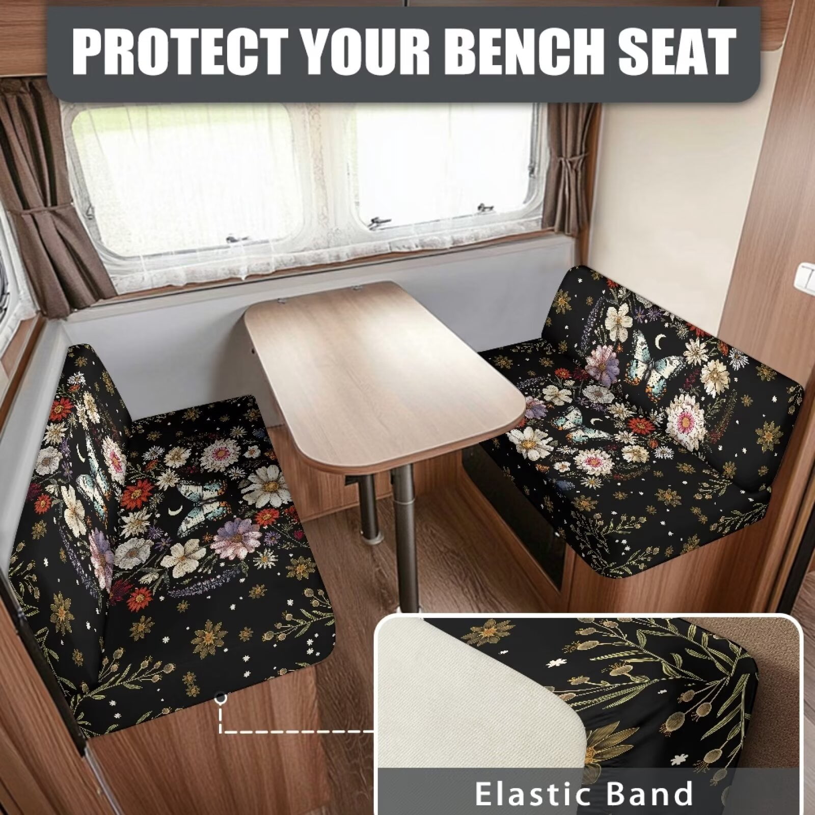 XYZCANDO Butterfly Floral RV Dinette Cushion Covers Comfortable Couch Cover 2 Cushion Sofa Universal RV Accessories Stretchable RV Dinette Cushions for Women Slip Covers for Loveseat Black