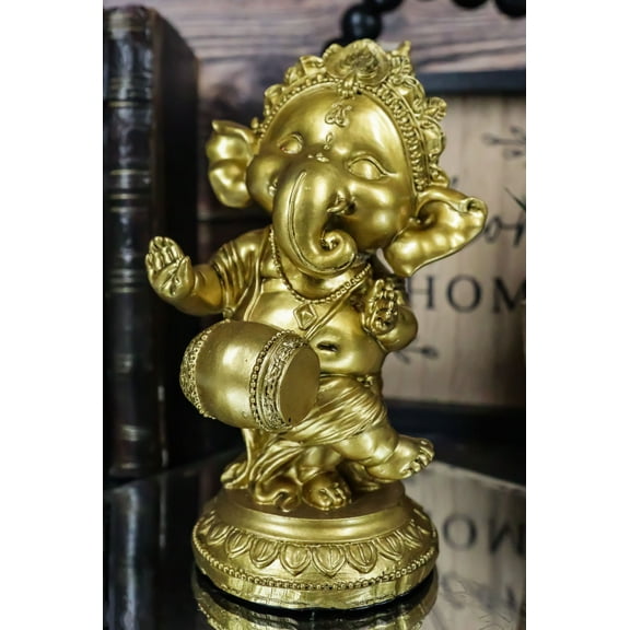 Hindu Elephant God Ritual Dancing Ganesha With Mridangam Drum Golden Statue 6"H
