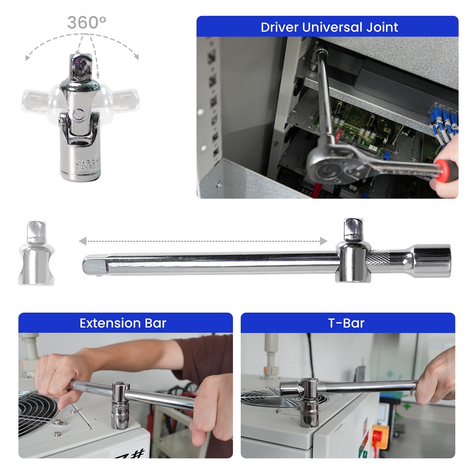 108 Pcs Mechanic Socket Tool Kit，CR-V Steel Metric and Standard 1/4" & 1/2" Ratchet set, Universal Joint, Extension Bars,Adapter,Ratchet Wrench,Socket Set for Car
