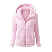 Women Full Zip Fuzzy Sweatshirt with Pockets Slim Plush Hooded Outercoat for Winter Solid Color Outwear Tops S-5XL Long Sleeve  M Pink