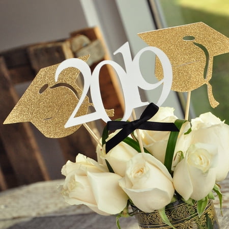Graduation Party Cap - Graduation Party Decoration. (2 Single Graduation Cap Wands & 1 Single 2019 Wand) Black and Gold Centerpiece for Graduation Party.