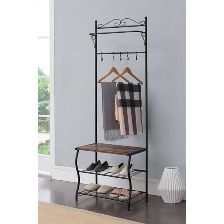 - Tes Black Metal Industrial Style Entryway Coat & Hat Hall Tree Rack Stand With 5 Hooks, Bench & Storage Shelves