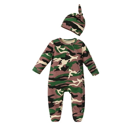 

2022 Infantil Baby Onesie Baby Boys Fashion Camouflage Zip Romper Jumpsuit Outfits+ Hat