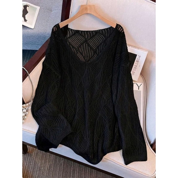 Women's Black V Neck Hollow Knit Cover Up Loose Fit Beach Resort Wear Casual Vacation Boho Style Layering Top