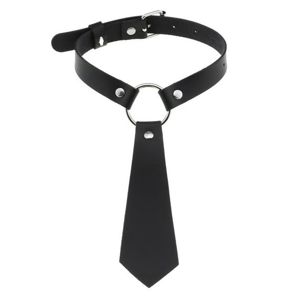 Women Dark Gothic Imitation Leather Black Neck Tie Punk O-Ring Studded Choker Necklace Vintage Personality Cosplay Adjustable Pre-Tied Bowtie