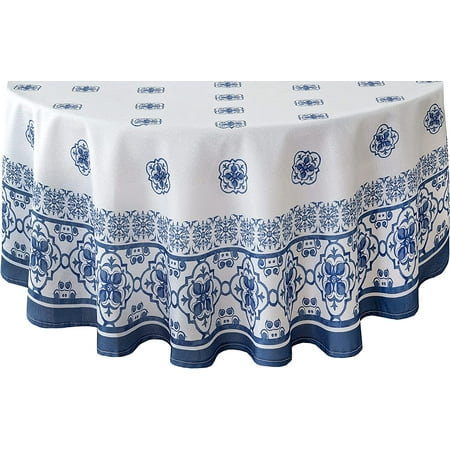 

Newbridge Mykonos Blue Mediterranean Tile Bordered Fabric Tablecloth - Blue Medallion Print Indoor/Outdoor Stain Resistant No-Iron Tablecloth 70 Inch Round