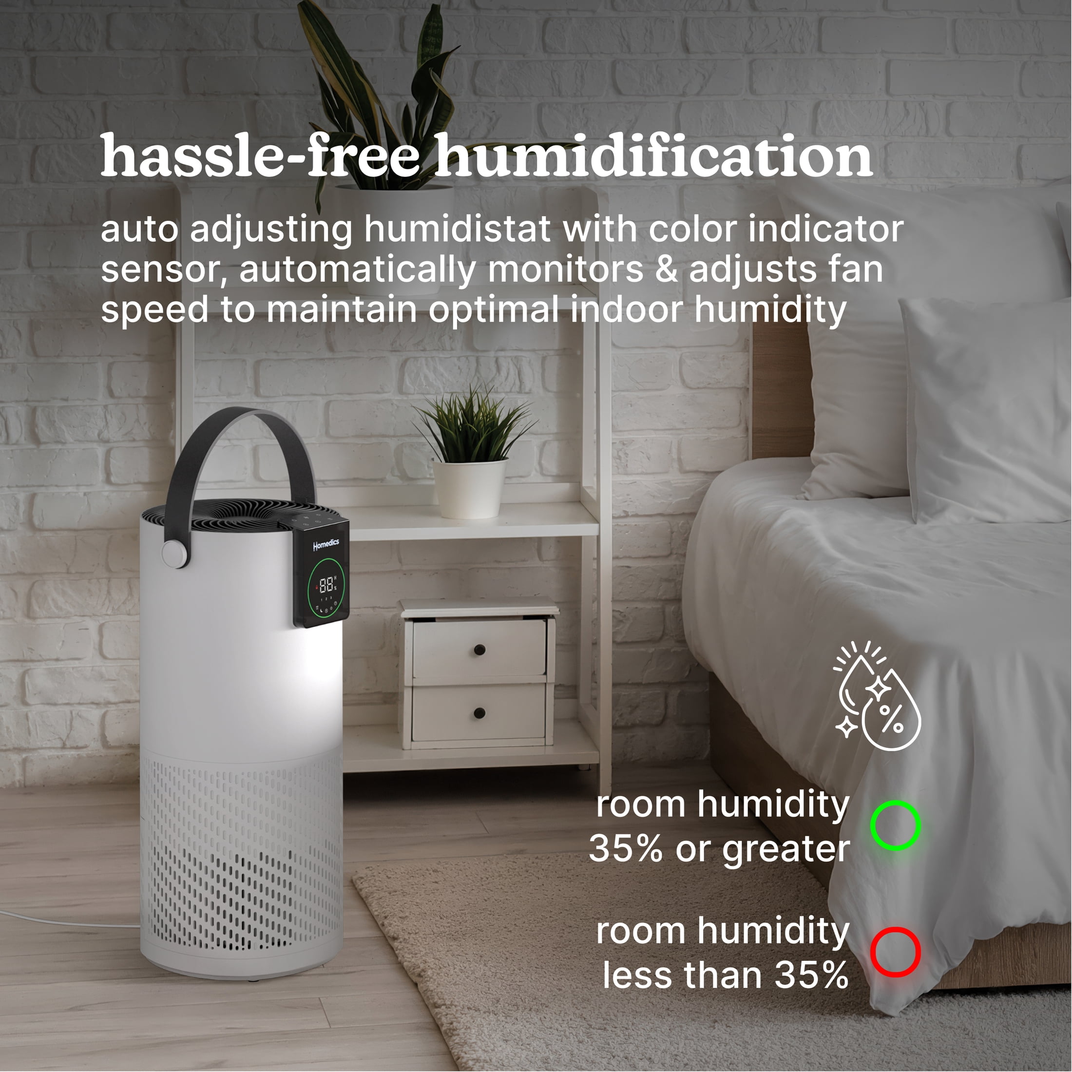Homedics® 2-in-1 Air Purifier & Humidifier, with Digital Auto adjusting Humidistat, Color-Coded Indicator
