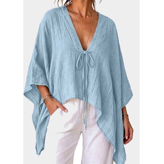 Babysbule Women V Neck Tie Front Batwing 3/4 Sleeve Oversized Loose Casual Top for Summer Vacation Daily Outfits