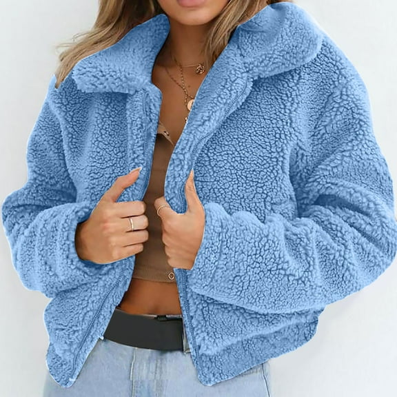 Winter Coat for Women 2023 Fashion Warm Artificial Wool Loose Lapel Zipper Fuzzy Cardigan Casual Plus Size Long Sleeve Soild Fleece Jacket S-3XL on Clearance