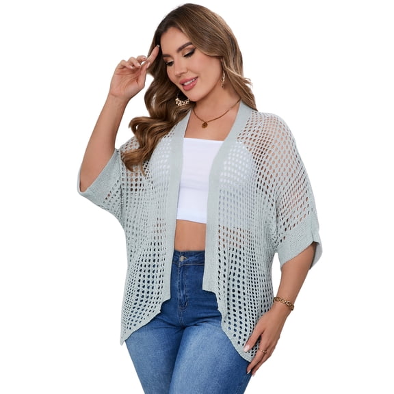 Yesfashion Womens Plus Size Lightweight Open Front Cardigan Casual Loose Knit 3/4 Sleeves Outwear for All Seasons