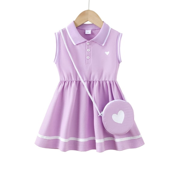 4T Baby Girl Dress 5T Girls Sleeveless Dress Solid Color Polo Dress Toddler Girls Summer Lapel Casual Dress with Cute Bag Purple