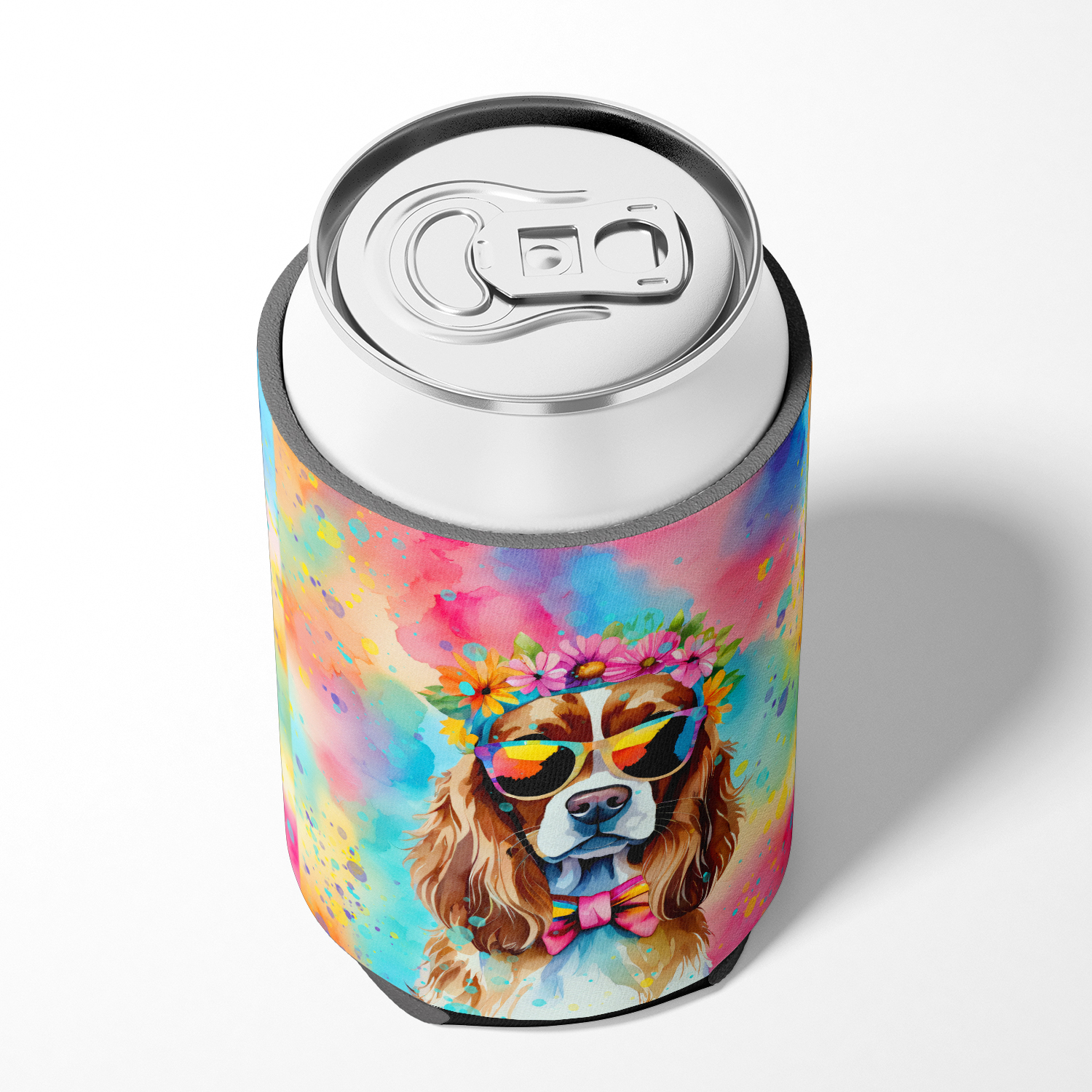 Cavalier Spaniel Hippie Dawg Can or Bottle Hugger 3 in x 5 in