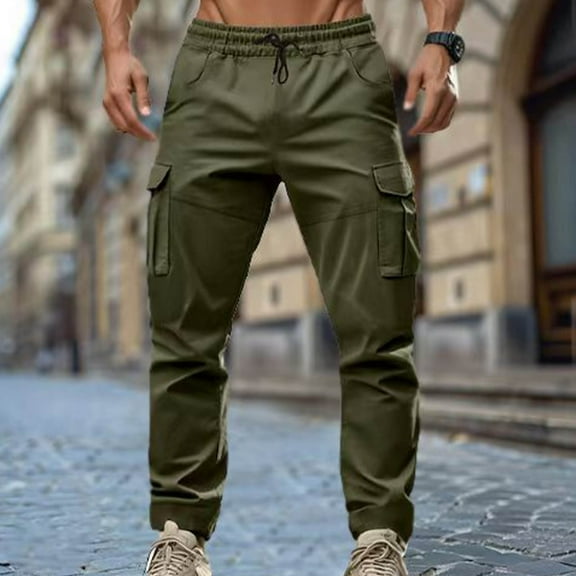 Simua Men's Casual Vintage Cargo Pants Elastic Drawstring Waist Multi Pocket for Daily Outdoor Work Vacation All Season Wear