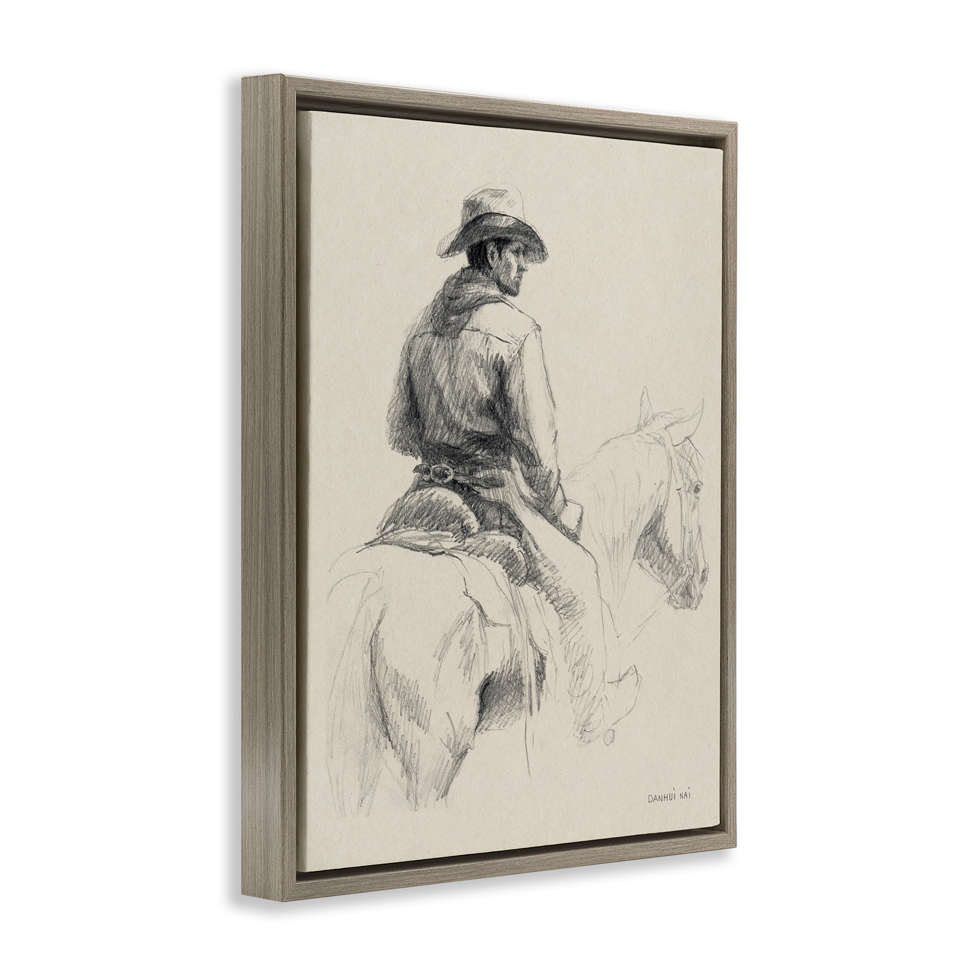 Stupell Industries Cowboy & Horse Sketch People Drawing Brown Floater Framed Canvas Art Print Wall Art, 17 x 21