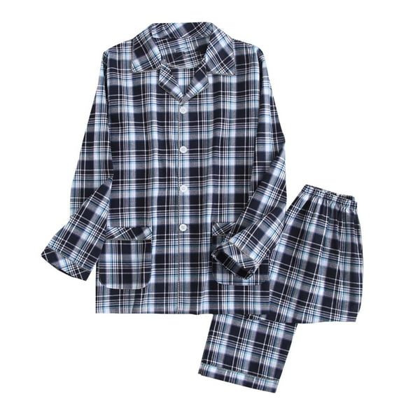 hoksml Men's Cotton Plaid Pajama Set Long Sleeve Button-Down Shirt and Comfortable Pants Classic 2-Piece Sleepwear Loungewear