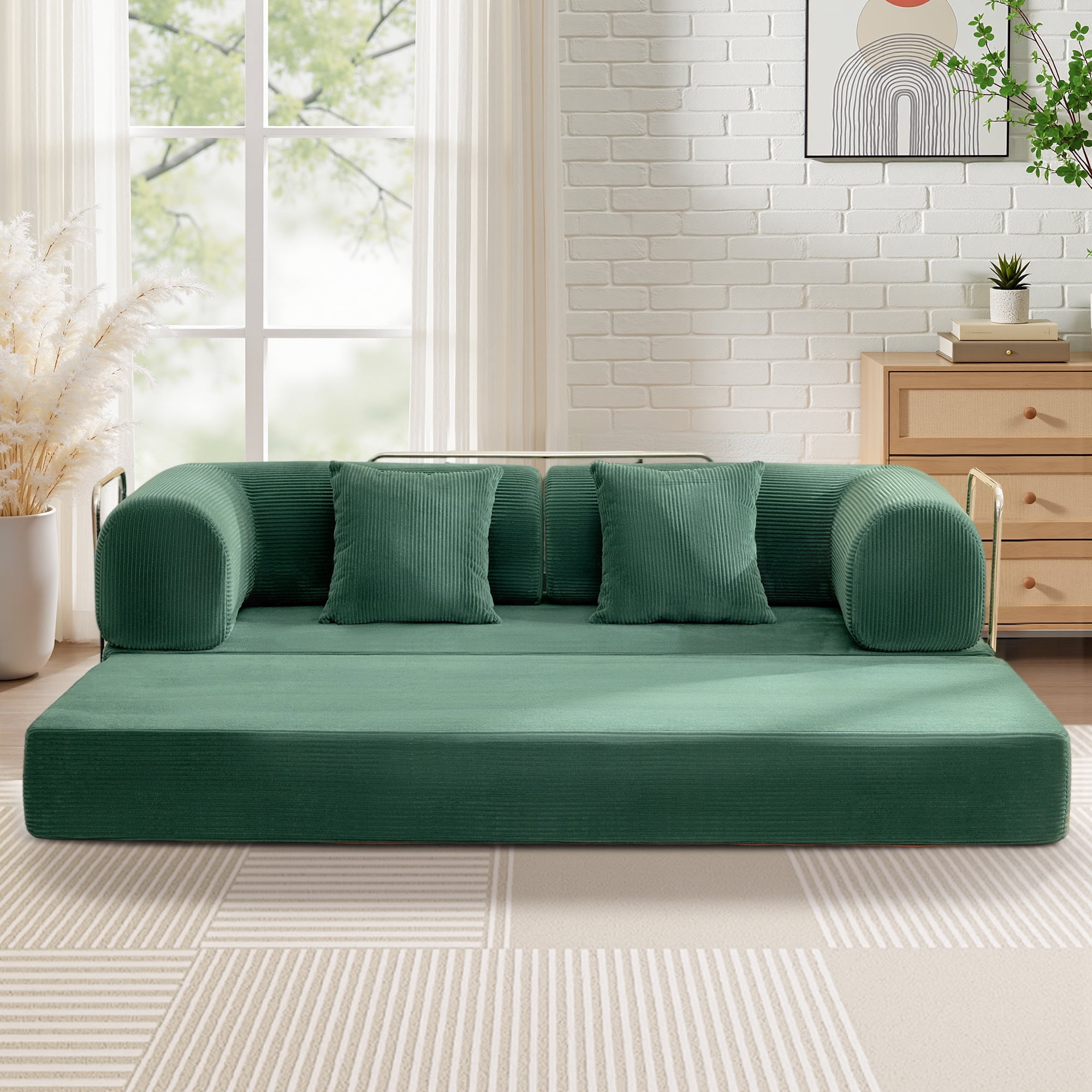 COOLHUT 78.7" W Combination Sofa, High Rebound Density Foam Sofa Couch, Two Forms Floor Couch Three Seats Sofa Bed for Living Room, Bedroom, Green