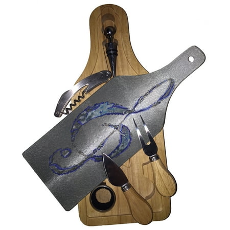 

KuzmarK Wine & Cheese Glass Cutting Board Wood Box Gift Set - Treble Clef Blue Steel