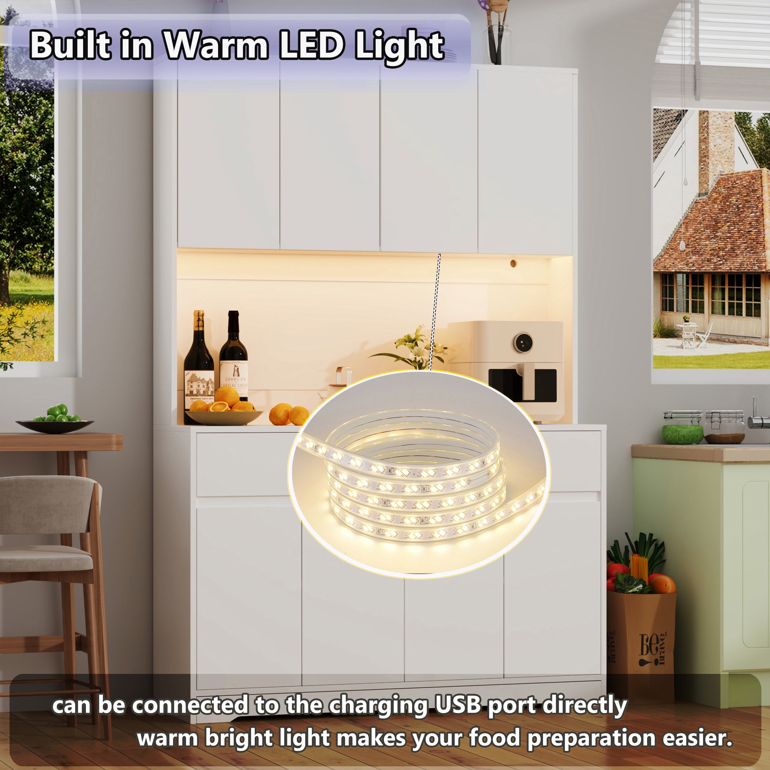 71'' Tall Coffee Bar Cabinet with LED Light & Power Charging Station, 47"W Modern Kitchen Pantry Hutch w/ 8-Door Storage Cabinet & 2 Drawers 4 Adjustable Shelves