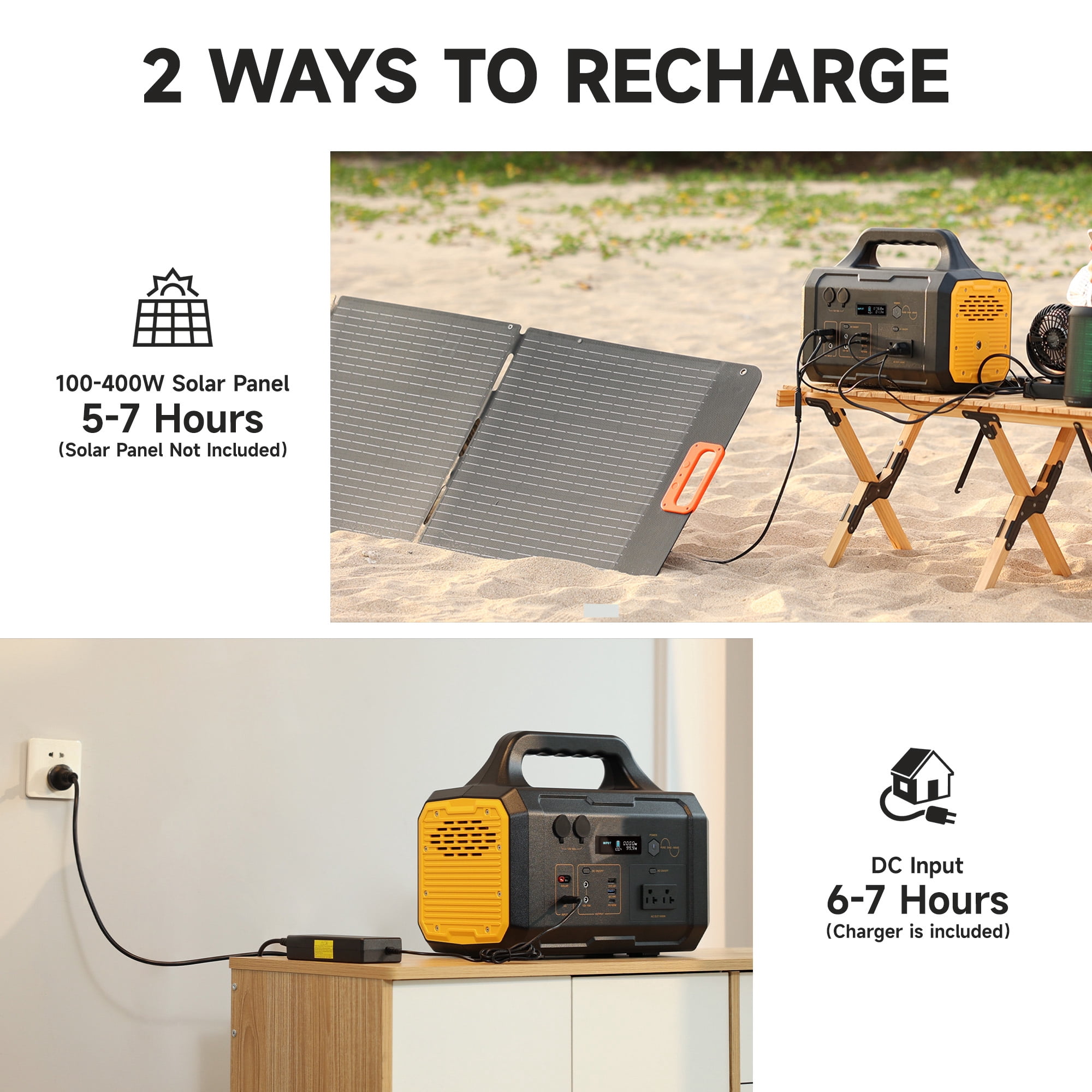 1000W Portable Solar Generator, 1024Wh LiFePO4 Battery Power Station with 120V AC Outlets, Backup Power Supply for Camping, Outdoor Travel, RV, and Home Emergency-Yellow