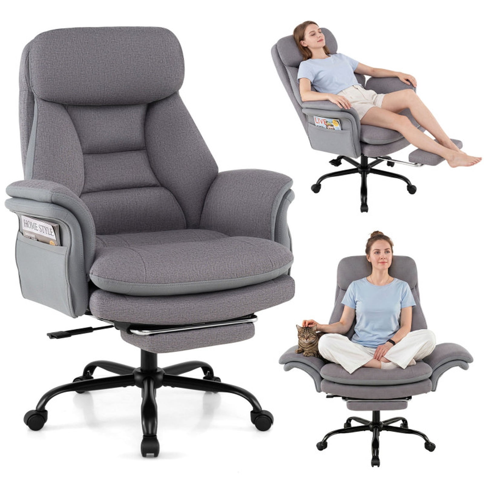 Furnibear Big and Tall Ergonomic Office Chair 400 lbs High Back Wide Linen Computer Chair with Retractable Footrest, Gray