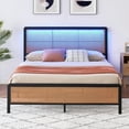 thumbnail image 3 of Full Size Rattan Platform Metal Bed Frame with Led Light Headboard, Modern Style Cane Boho Metal Bed Frames with Sturdy Steel Slat Support, Heavy Duty Metal Bed Frame, No Box Spring Needed, 3 of 9
