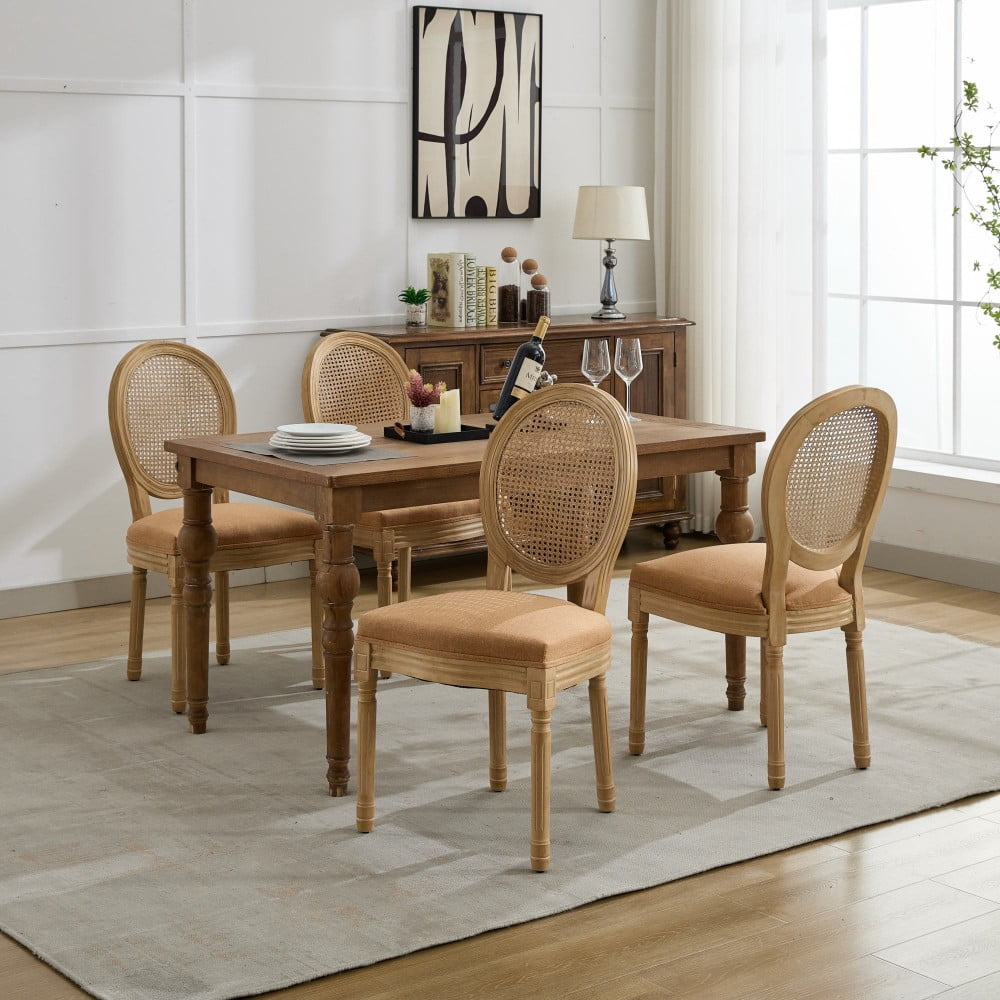 French Style Dining Chairs Set of 2, Solid Wood Upholstered Kitchen Chairs with Rattan Backrest, Linen Fabric, Antique Finish, Tan