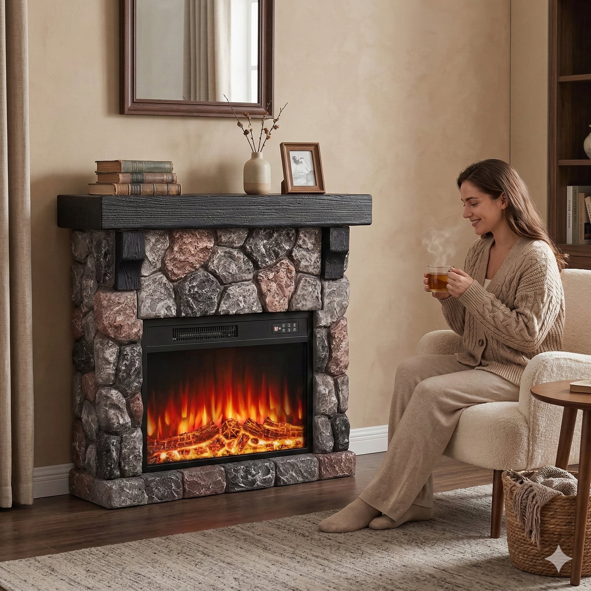 Waleaf Electric Fireplace with Mantel, 36 inch Freestanding Stone Fireplace Heater TV Stand with Remote Control