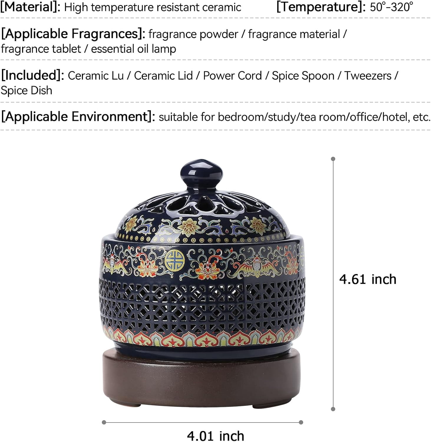 Ceramic Electric Incense Burner with LED Flame Effect, Enamel Hollow Design Classical Elegant Incense Holder for Home Decor, Yoga & SPA