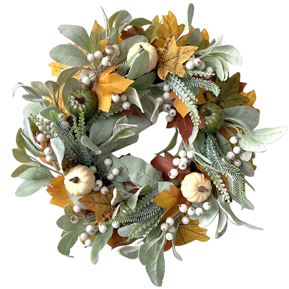 18' Farmhouse Fall Wreath Decoration for Front Door with White Pumpkin, Lamb's Ear Leaves and Maples , Harvest Door Wreath for Autumn or Thanksgiving Decor