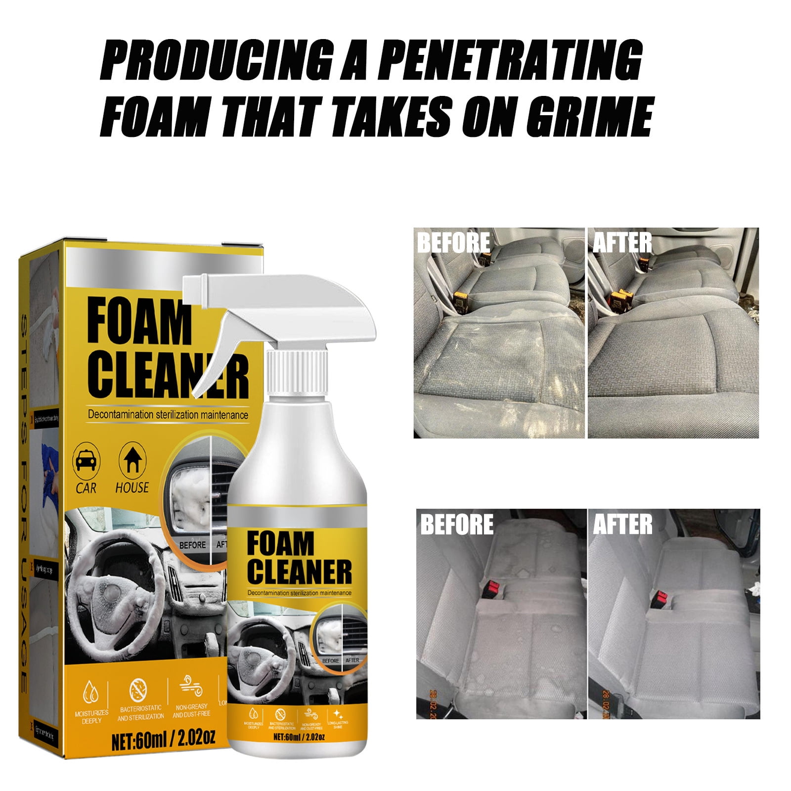 Alvantor Car Interior Foam Cleaner, Wash-Free Fresh Scent, Safe for Leather & Plastic, 2.02oz