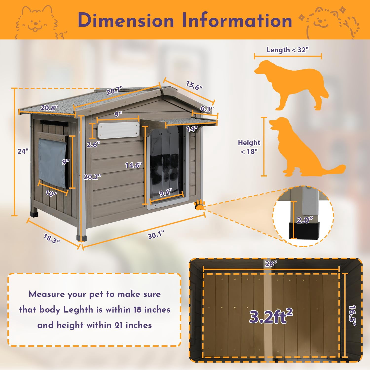 PETSCOSSET Outdoor Dog House, Weatherproof Wooden Dog Kennel with Raised Feet for Small Dog, Gray