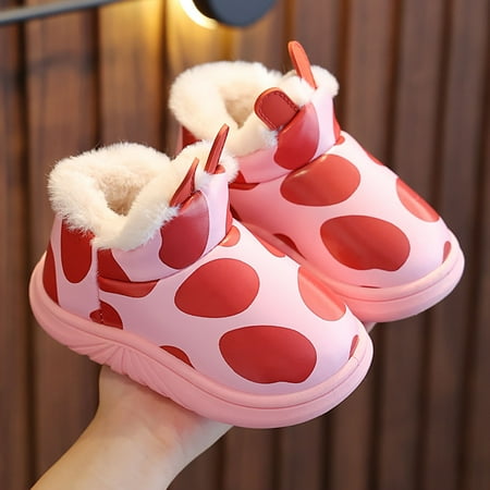 

HAXMNOU Girls Boys Home Slippers Water Proof Warm Cartoon House Slippers For Children Lined Winter Indoor Shoes Red