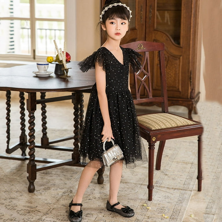 Aayomet Toddler Dress Girl Sequin Dress Long Sleeve Party A-Line Sparkle  Mesh Dress,Black 4-5 Years 