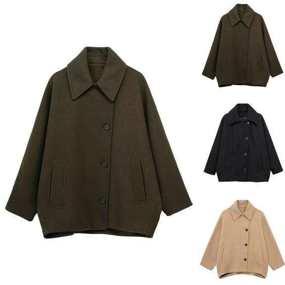 jtjvou Women's Cropped Pea Coat Winter Warm Lapel Collar Button Wool Coats Work Dressy Casual Jacket with Pockets Green L