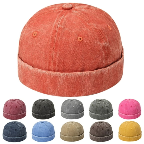 UTSJKR Men's Solid Color Washed Cotton Brimless Docker Beanie Caps Street Rolled Cuff Sailor Cap Worker Hat Brimless Hats Black